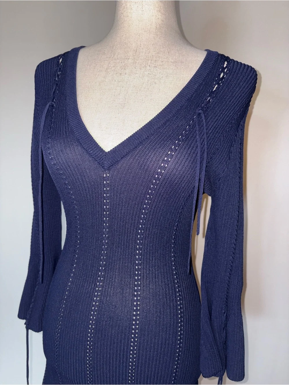 Johnathan Simkhai V-Neck Linked Rib Knit Flared Dress with Lace Up Details Sz S - Picture 4 of 9